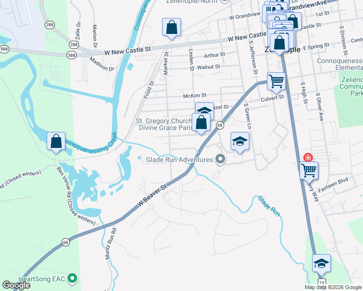 map of restaurants, bars, coffee shops, grocery stores, and more near 717 Hemlock Square in Zelienople
