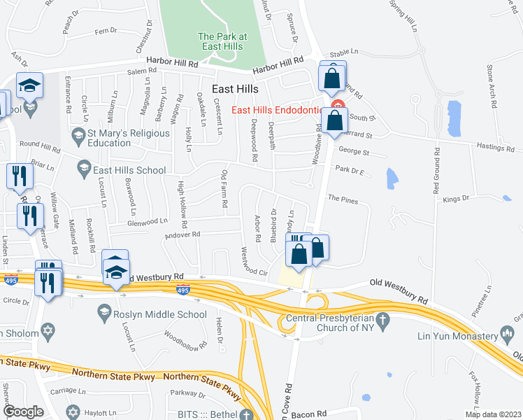 map of restaurants, bars, coffee shops, grocery stores, and more near 19 Arbor Road in Roslyn Heights