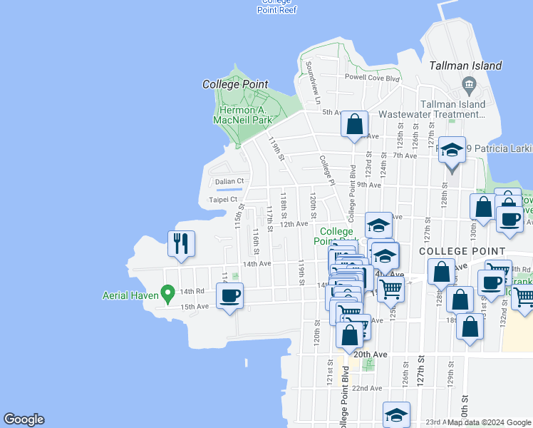 map of restaurants, bars, coffee shops, grocery stores, and more near 10-24 117th Street in Queens