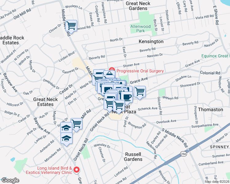 map of restaurants, bars, coffee shops, grocery stores, and more near 7 Bond Street in Great Neck