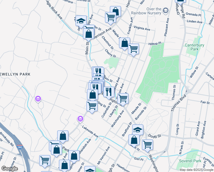 map of restaurants, bars, coffee shops, grocery stores, and more near 289 Main Street in West Orange