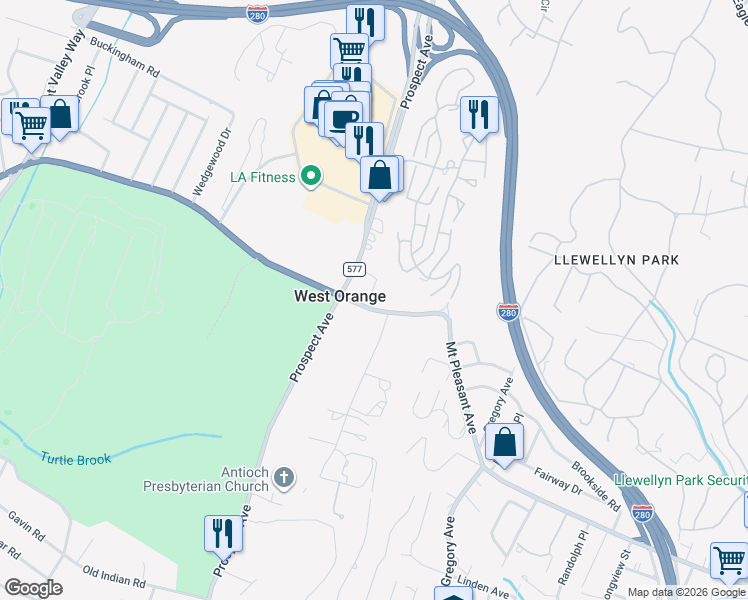 map of restaurants, bars, coffee shops, grocery stores, and more near 12 Marcella Avenue in West Orange