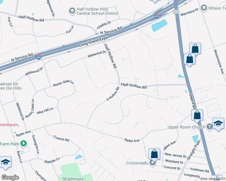 map of restaurants, bars, coffee shops, grocery stores, and more near 3 South Hollow Road in Dix Hills