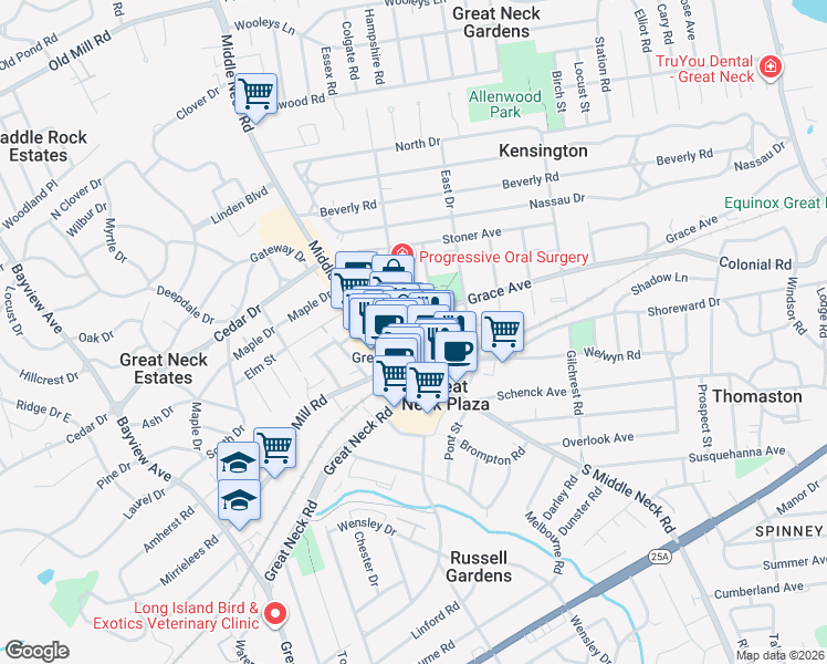 map of restaurants, bars, coffee shops, grocery stores, and more near 33 North Station Plaza in Great Neck