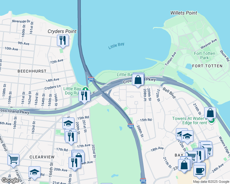 map of restaurants, bars, coffee shops, grocery stores, and more near 12-25 Robin Lane in Queens
