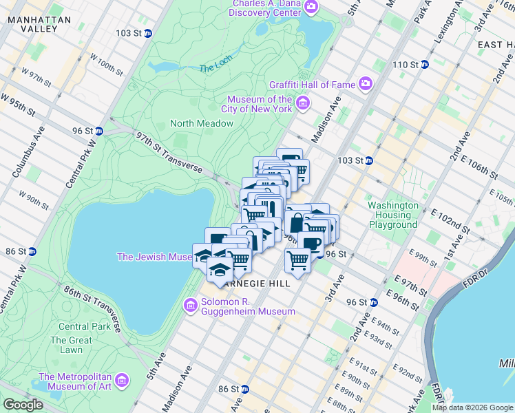 map of restaurants, bars, coffee shops, grocery stores, and more near 12 East 97th Street in New York