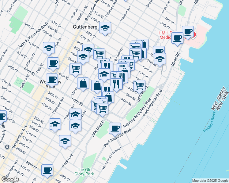 map of restaurants, bars, coffee shops, grocery stores, and more near 6311 Park Avenue in West New York
