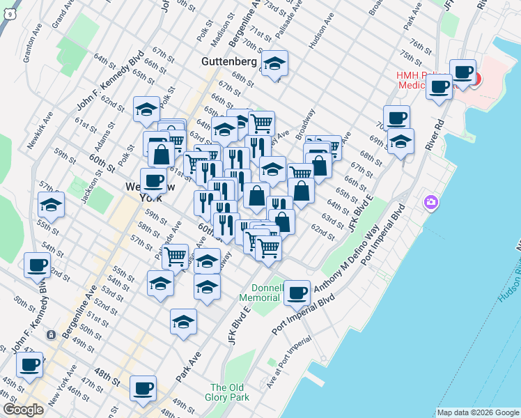 map of restaurants, bars, coffee shops, grocery stores, and more near in West New York