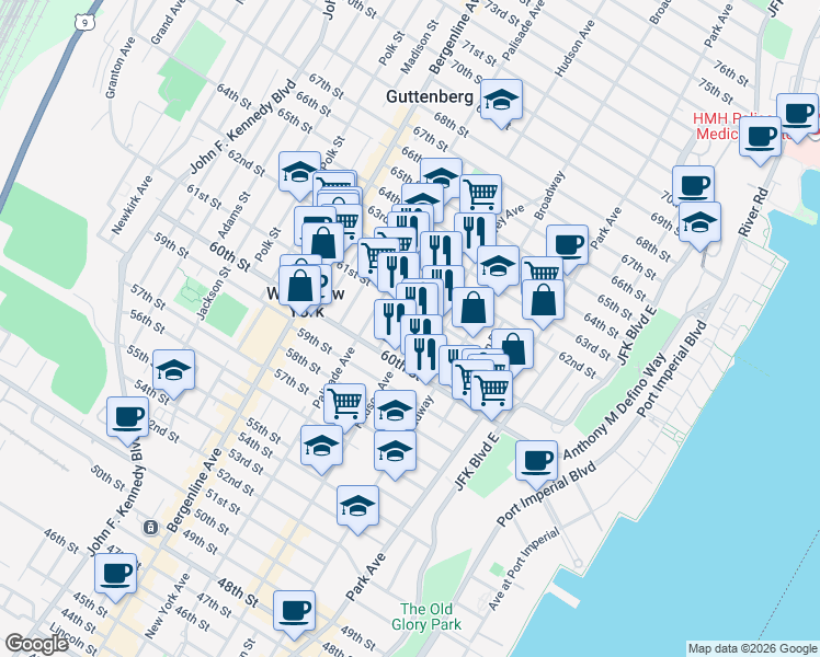 map of restaurants, bars, coffee shops, grocery stores, and more near 6030 Hudson Avenue in West New York