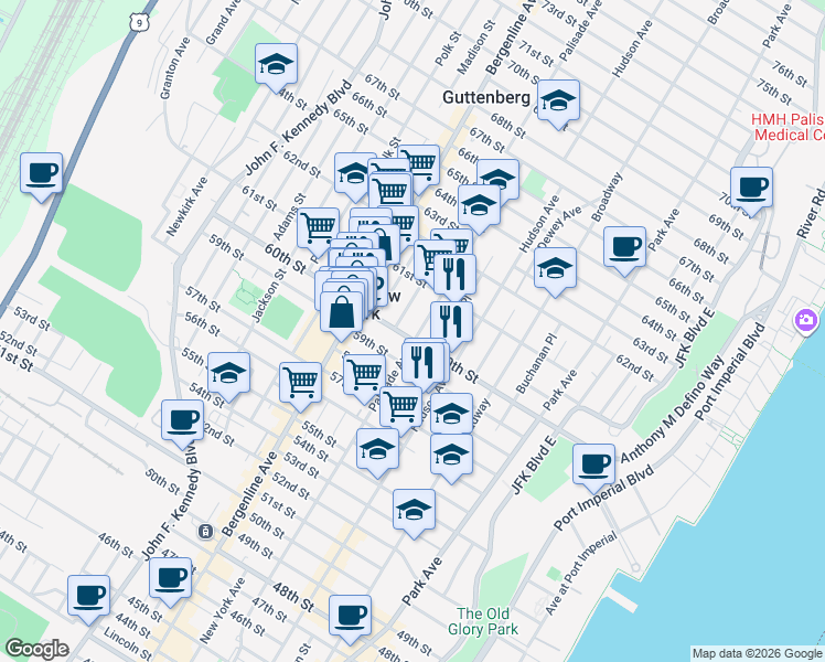 map of restaurants, bars, coffee shops, grocery stores, and more near 404 60th Street in West New York