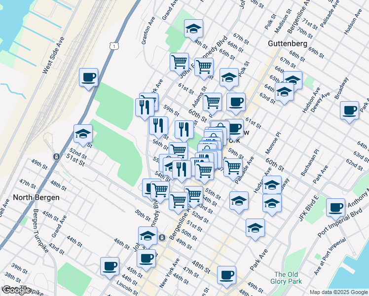 map of restaurants, bars, coffee shops, grocery stores, and more near 575 57th Street in West New York