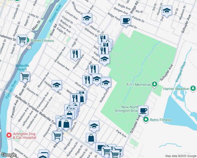 map of restaurants, bars, coffee shops, grocery stores, and more near in North Arlington