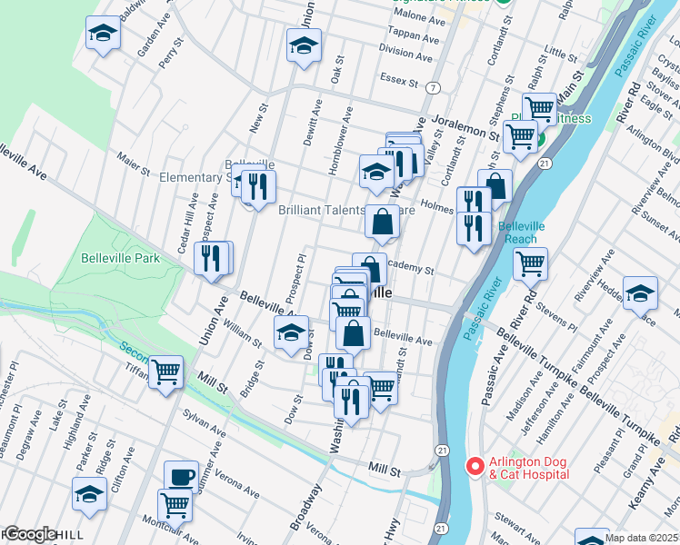 map of restaurants, bars, coffee shops, grocery stores, and more near 7 Rutgers Court in Belleville
