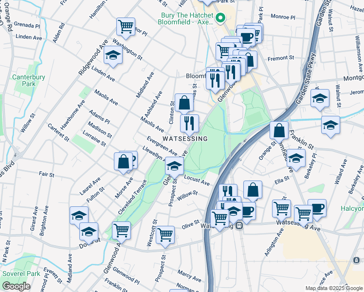 map of restaurants, bars, coffee shops, grocery stores, and more near 10 Maolis Avenue in Bloomfield