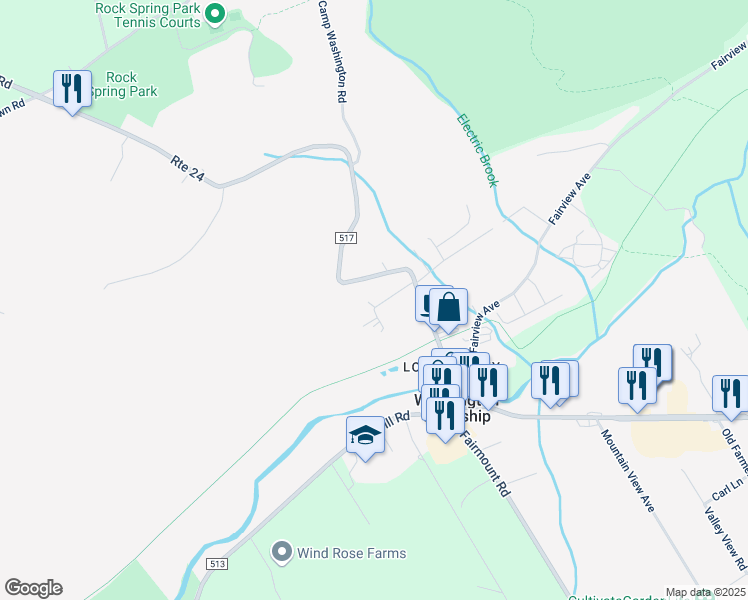 map of restaurants, bars, coffee shops, grocery stores, and more near 14 West Maple Avenue in Long Valley