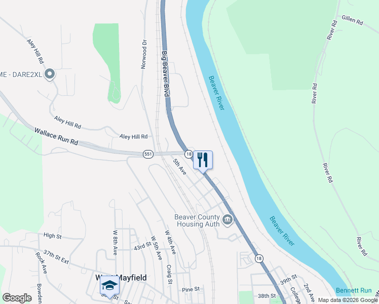 map of restaurants, bars, coffee shops, grocery stores, and more near 4746 Pennsylvania 18 in Beaver Falls