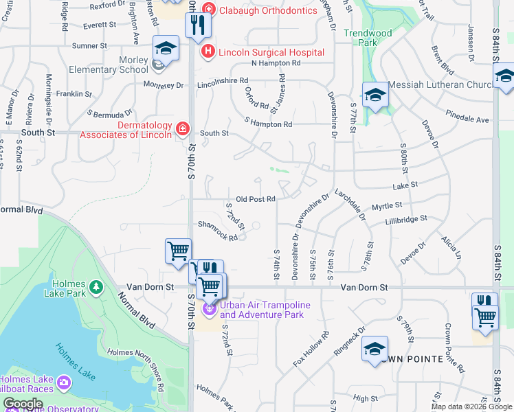 map of restaurants, bars, coffee shops, grocery stores, and more near 7230 Shamrock Court in Lincoln