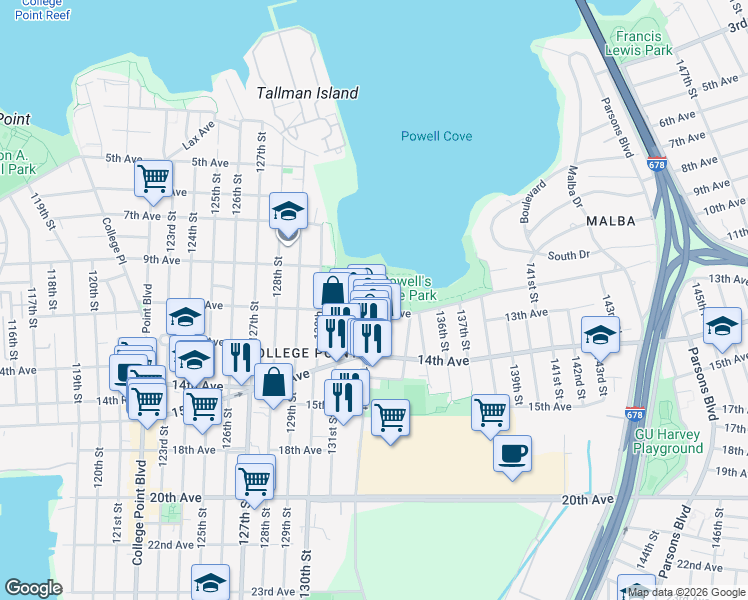 map of restaurants, bars, coffee shops, grocery stores, and more near 132-7 11th Avenue in Queens