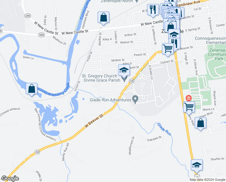 map of restaurants, bars, coffee shops, grocery stores, and more near 719 Hemlock Square in Zelienople