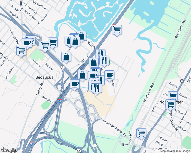 map of restaurants, bars, coffee shops, grocery stores, and more near 700 Plaza Drive in Secaucus