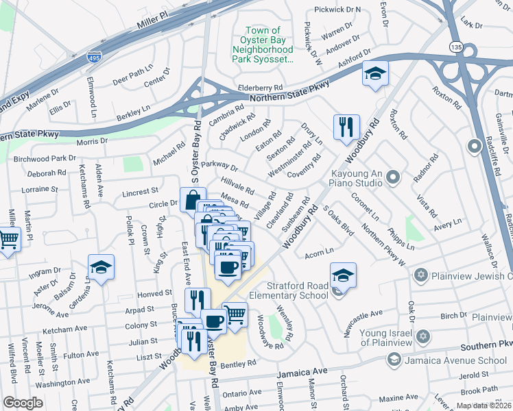map of restaurants, bars, coffee shops, grocery stores, and more near 4 Mesa Road in Syosset