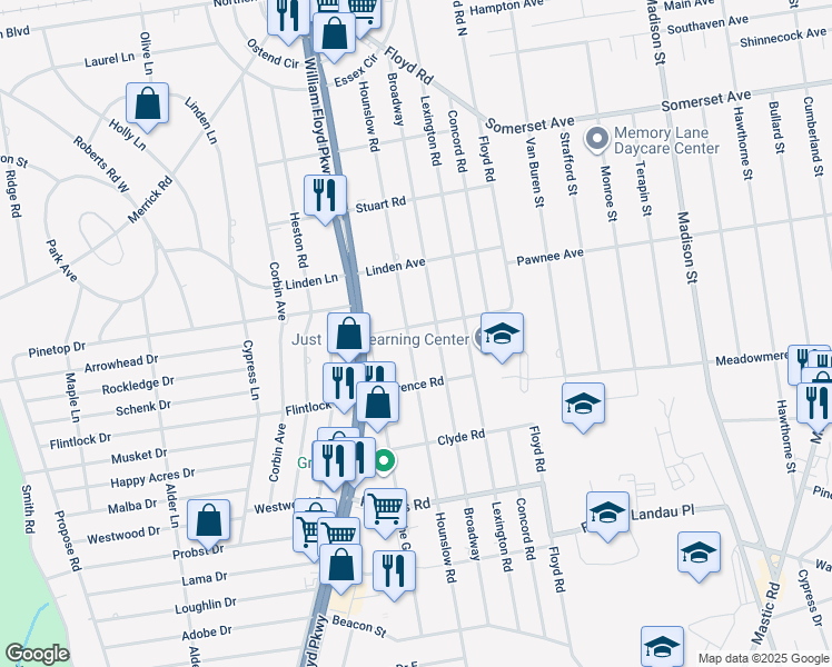 map of restaurants, bars, coffee shops, grocery stores, and more near 112 Broadway in Shirley
