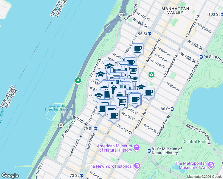 map of restaurants, bars, coffee shops, grocery stores, and more near 255 West 85th Street in New York