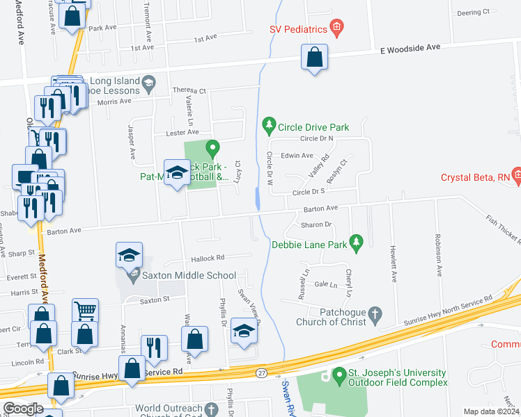 map of restaurants, bars, coffee shops, grocery stores, and more near 307 Barton Avenue in Patchogue