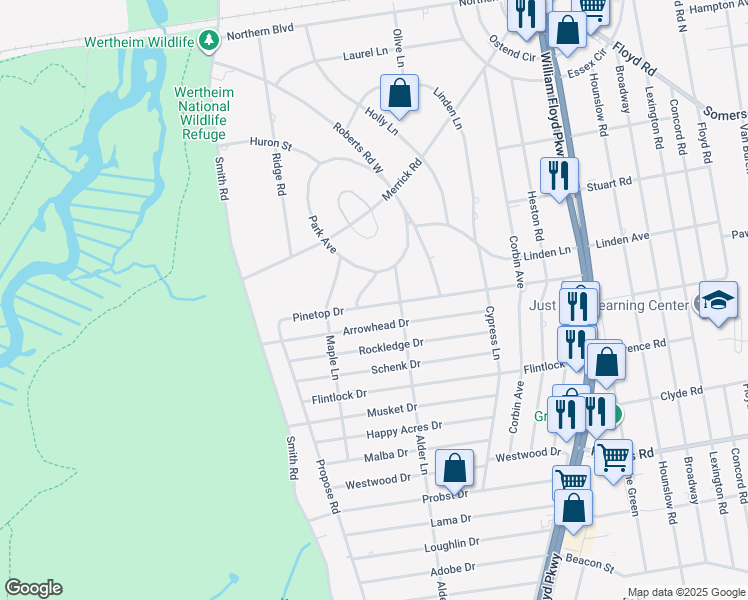 map of restaurants, bars, coffee shops, grocery stores, and more near 21 Pinetop Drive in Shirley