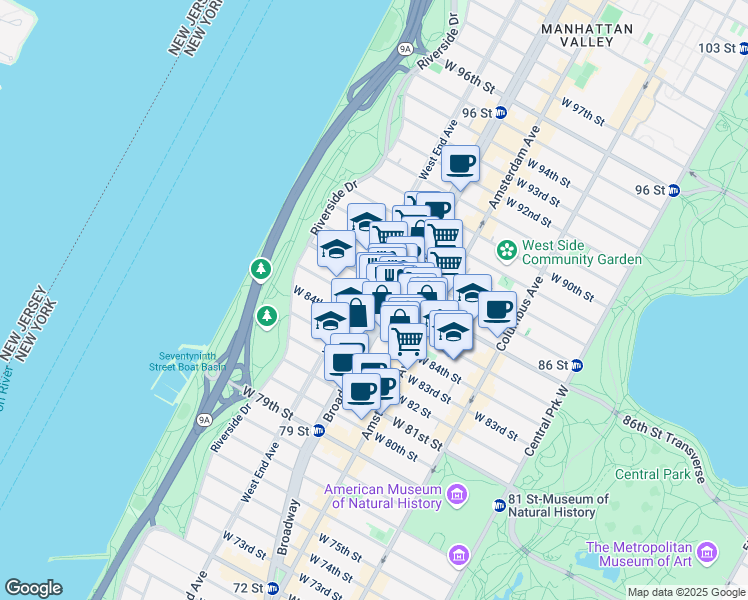 map of restaurants, bars, coffee shops, grocery stores, and more near 2340 Broadway in New York