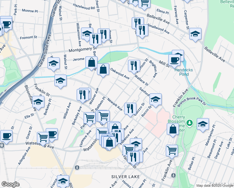 map of restaurants, bars, coffee shops, grocery stores, and more near 172 Harrison St in Bloomfield