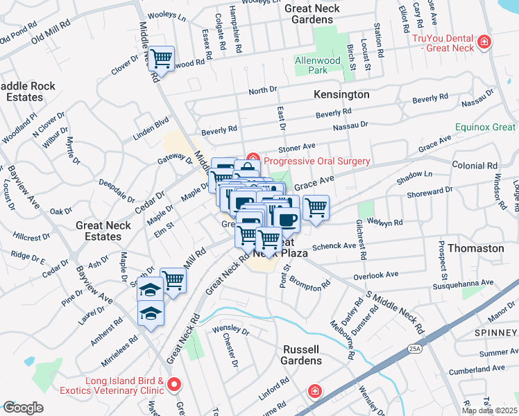 map of restaurants, bars, coffee shops, grocery stores, and more near 33 North Station Plaza in Great Neck