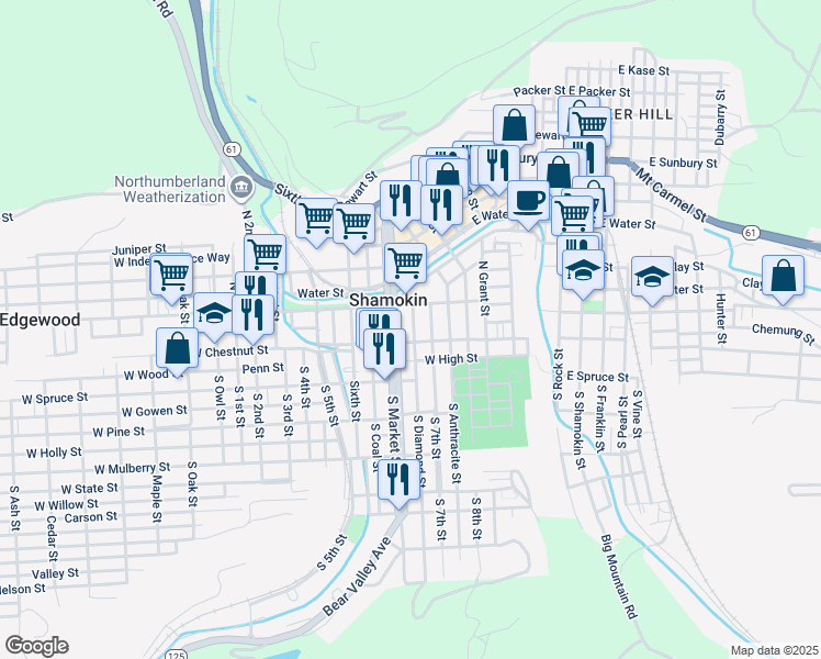 map of restaurants, bars, coffee shops, grocery stores, and more near 14 North Diamond Street in Shamokin