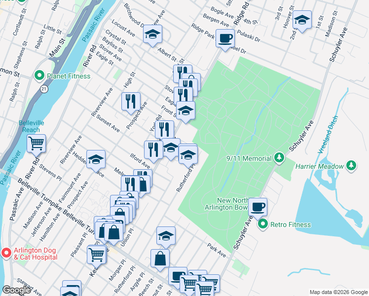 map of restaurants, bars, coffee shops, grocery stores, and more near 3 Legion Place in North Arlington