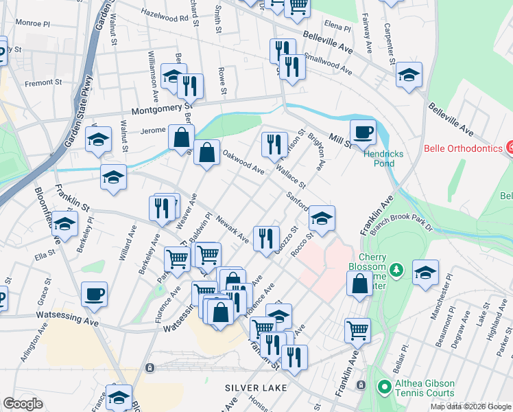 map of restaurants, bars, coffee shops, grocery stores, and more near 61 Watsessing Avenue in Belleville
