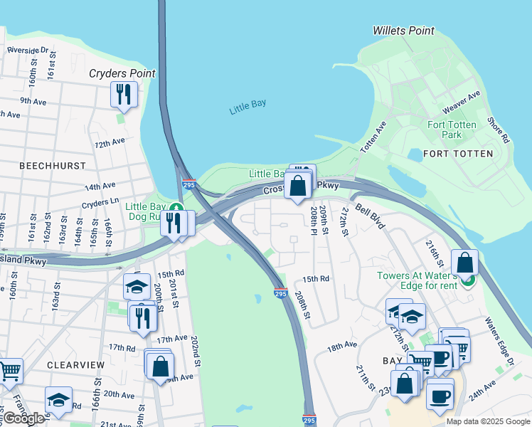 map of restaurants, bars, coffee shops, grocery stores, and more near 206-16 Emily Road in Queens