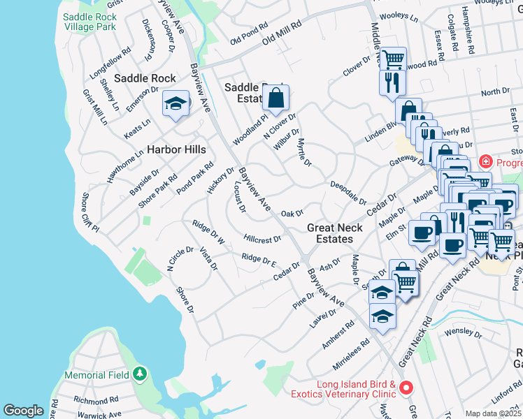 map of restaurants, bars, coffee shops, grocery stores, and more near 70 Bayview Avenue in Great Neck