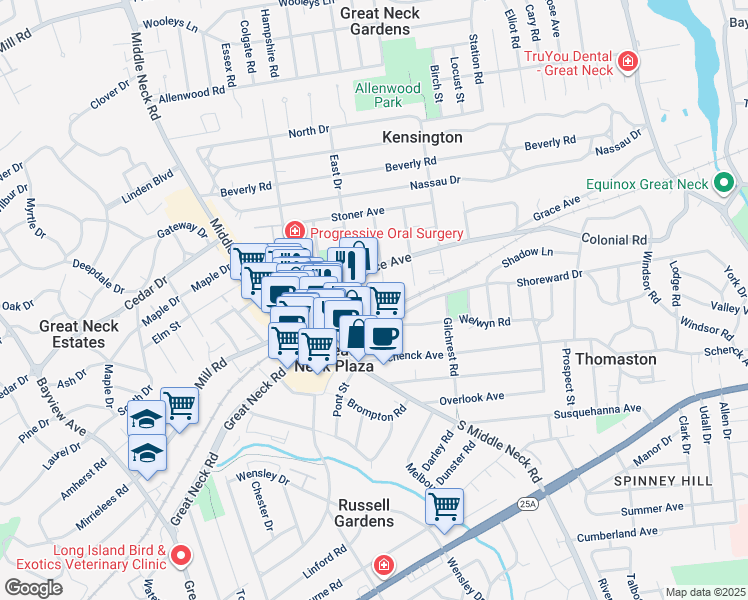 map of restaurants, bars, coffee shops, grocery stores, and more near 2 Linden Place in Great Neck Plaza