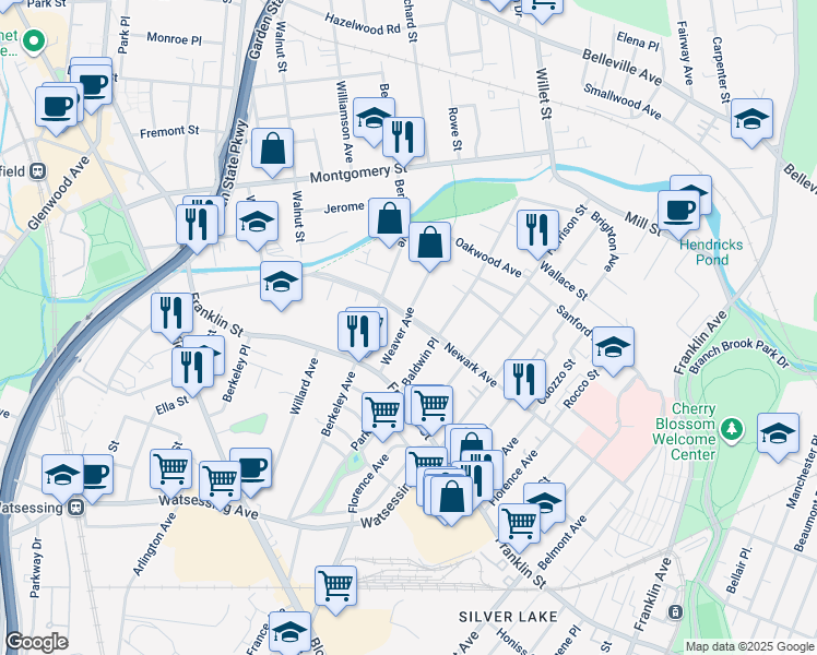 map of restaurants, bars, coffee shops, grocery stores, and more near 94 Newark Avenue in Bloomfield
