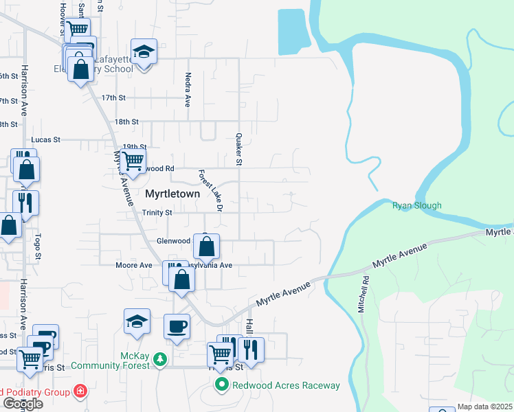 map of restaurants, bars, coffee shops, grocery stores, and more near 3551 Trinity Street in Eureka