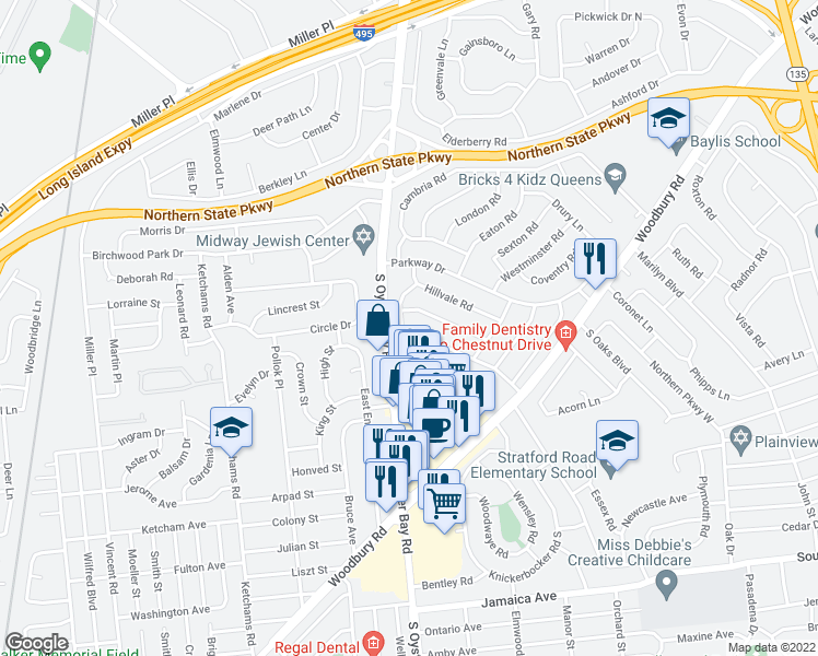 map of restaurants, bars, coffee shops, grocery stores, and more near 42 Market Drive in Syosset