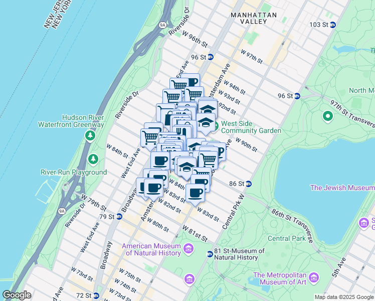 map of restaurants, bars, coffee shops, grocery stores, and more near 170 West 87th Street in New York