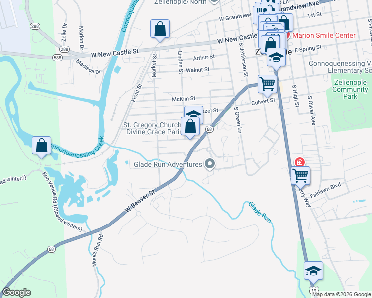 map of restaurants, bars, coffee shops, grocery stores, and more near 604 West Beaver Street in Zelienople