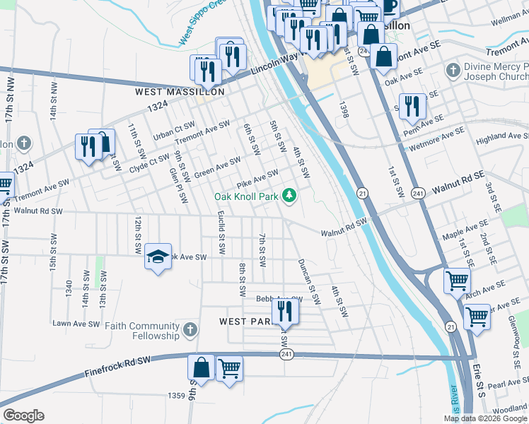 map of restaurants, bars, coffee shops, grocery stores, and more near 715 Walnut Road Southwest in Massillon