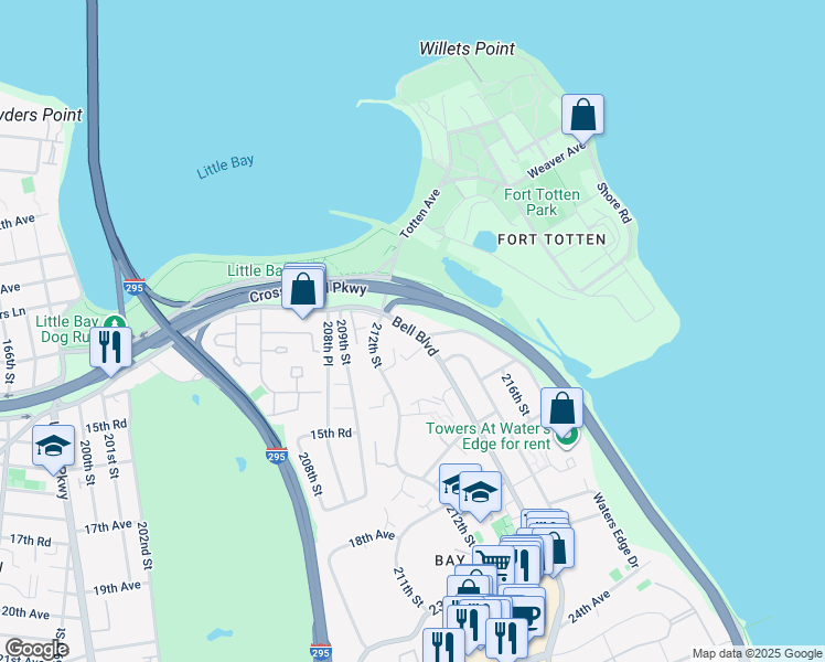 map of restaurants, bars, coffee shops, grocery stores, and more near 43-23 Bell Boulevard in Queens