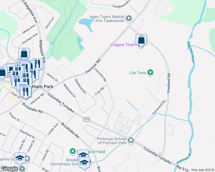 map of restaurants, bars, coffee shops, grocery stores, and more near 142 Crescent Road in Florham Park