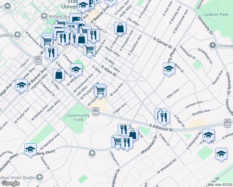 map of restaurants, bars, coffee shops, grocery stores, and more near 808 Walnut Street in State College