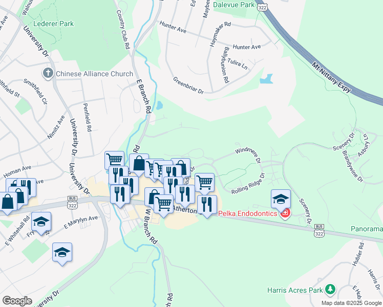 map of restaurants, bars, coffee shops, grocery stores, and more near 250 Village Heights Drive in State College