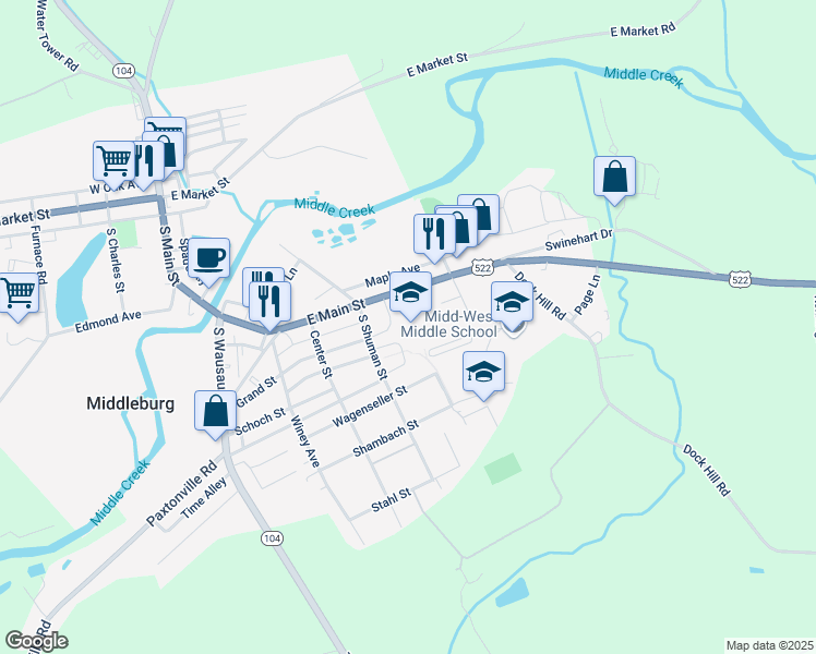 map of restaurants, bars, coffee shops, grocery stores, and more near 540 East Main Street in Middleburg