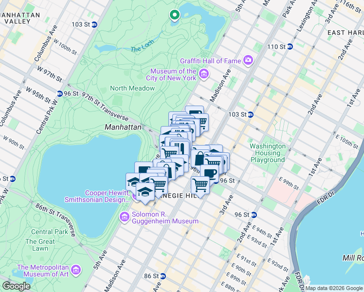 map of restaurants, bars, coffee shops, grocery stores, and more near 17 East 97th Street in New York